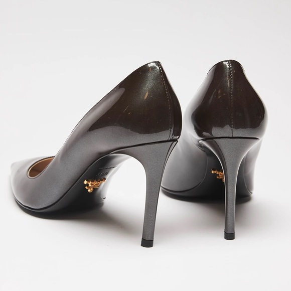 PRADA Metallic Charcoal Grey Patent Leather Point Toe Heels Size 39.5 (US 9.5) - Picture 4 of 12